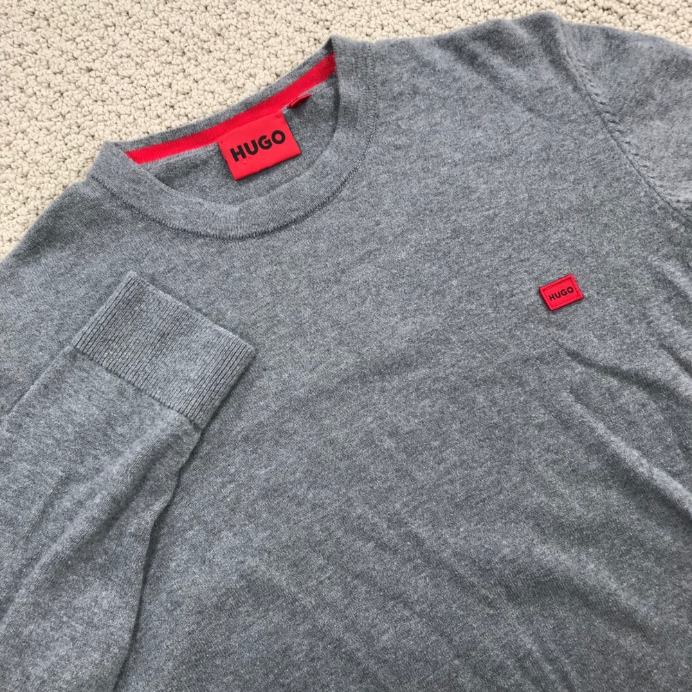 Hugo Boss Hugo Mens San Cassius Gray Cotton Crew Neck Sweater Logo Patch Size M